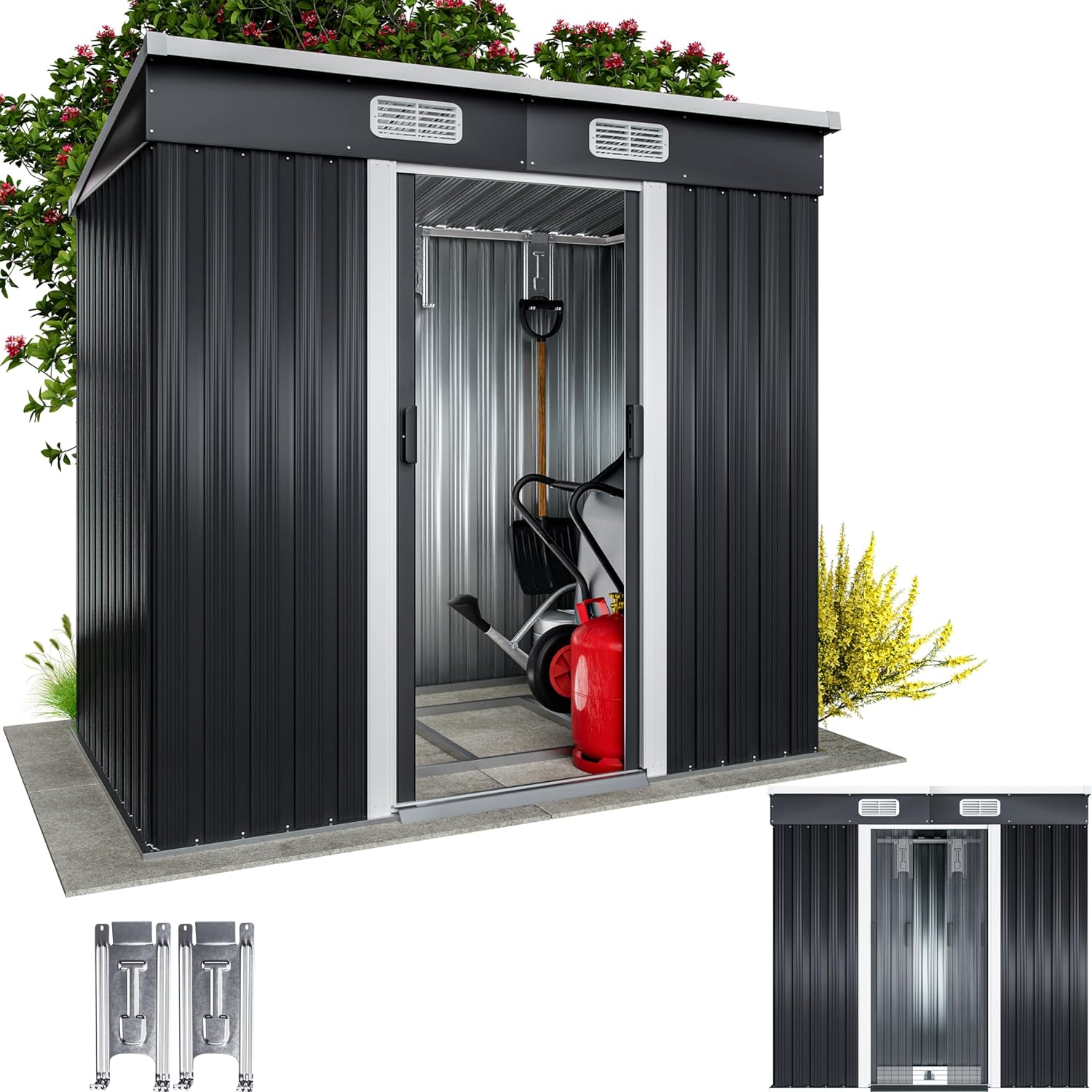 GARDEBRUK® Abri de Jardin métal L 2m² Fondation 200x125x185cm Porte coulissante Anthracite cabane de Jardin cabanon Rangement Outils 3,4m³