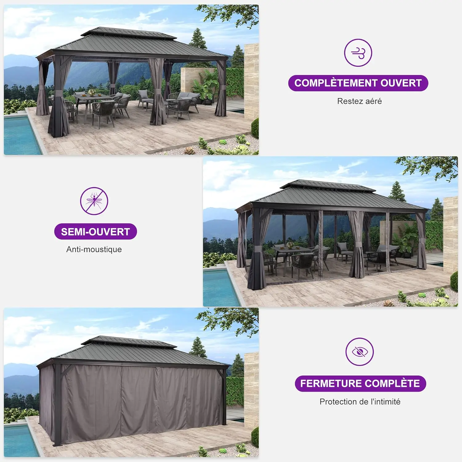 Pergola en aluminium gris 6x3,65 m vue 5