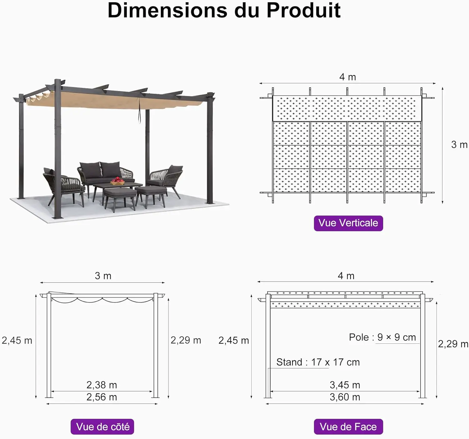 Pergola en aluminium kaki 4x3 m vue 3