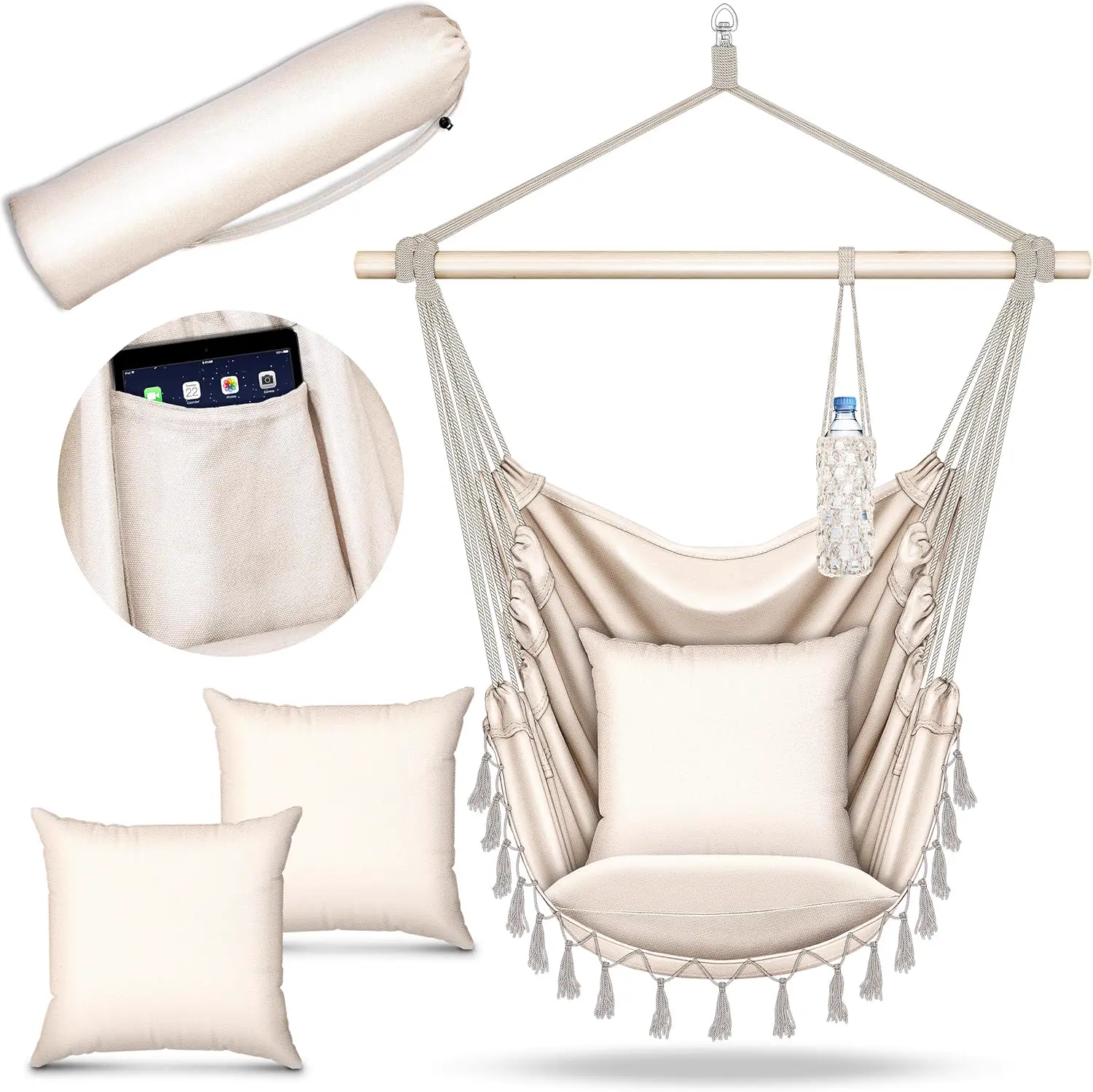tillvex Hamac Chaise Suspendu + 2 Coussins | Chaise à Franges avec