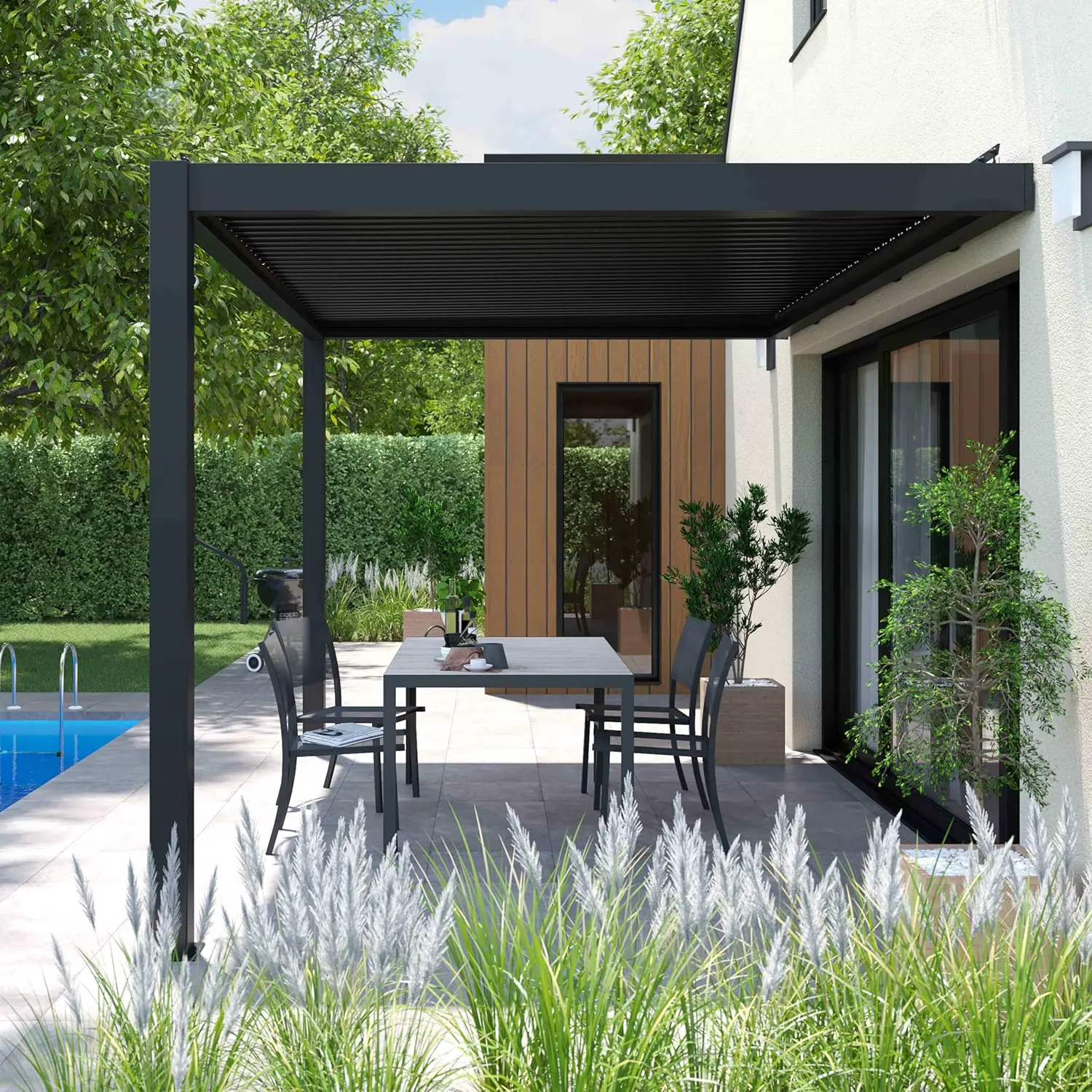 Pergola en aluminium 4x2,57 m adossée vue 2