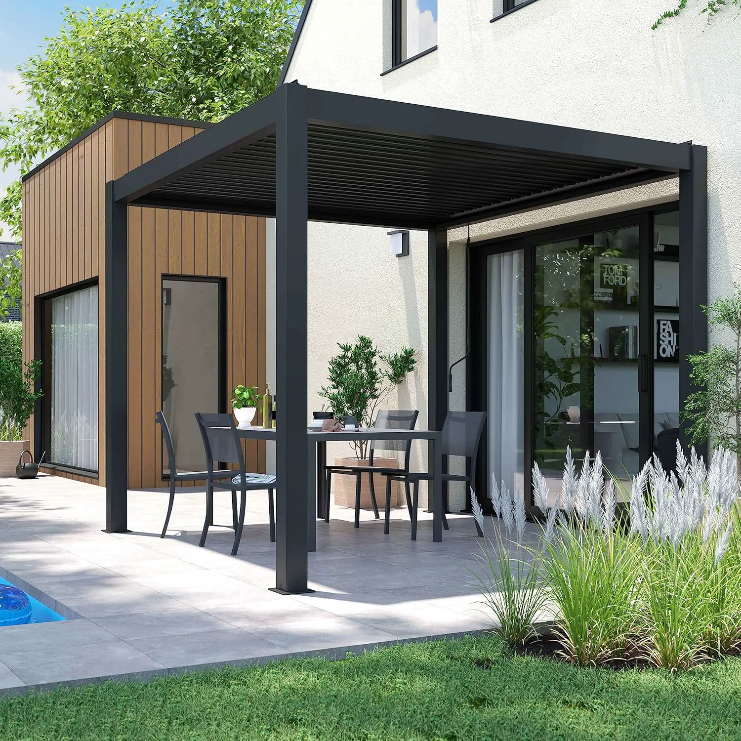 Pergola en aluminium gris 3x2,57 m autoportée vue 2