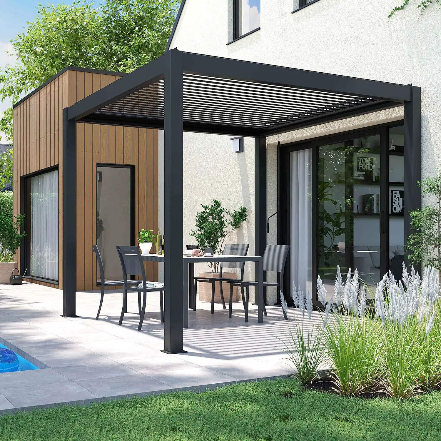 Pergola en aluminium gris 3x2,57 m autoportée vue 3