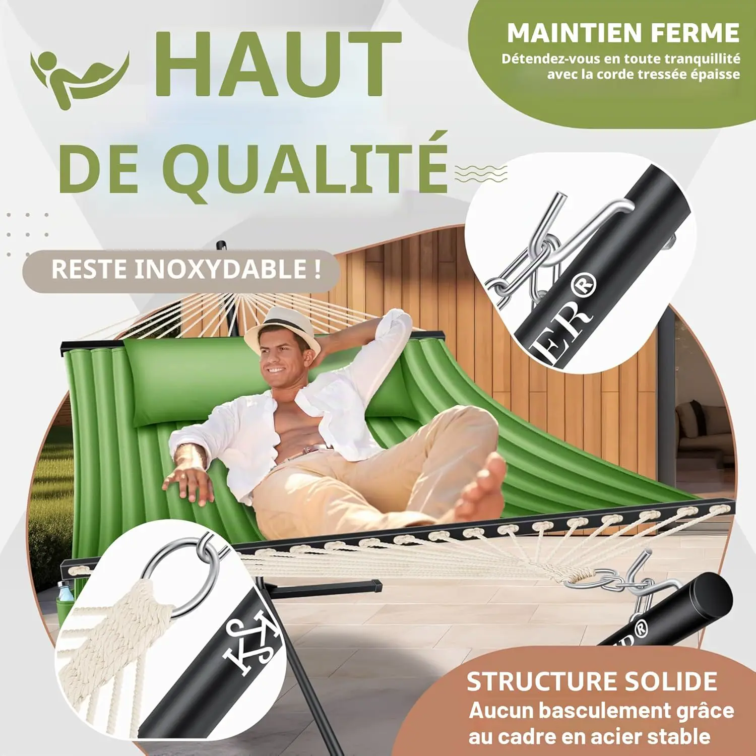 Fauteuils suspendus 2 places en métal kaki vue 4
