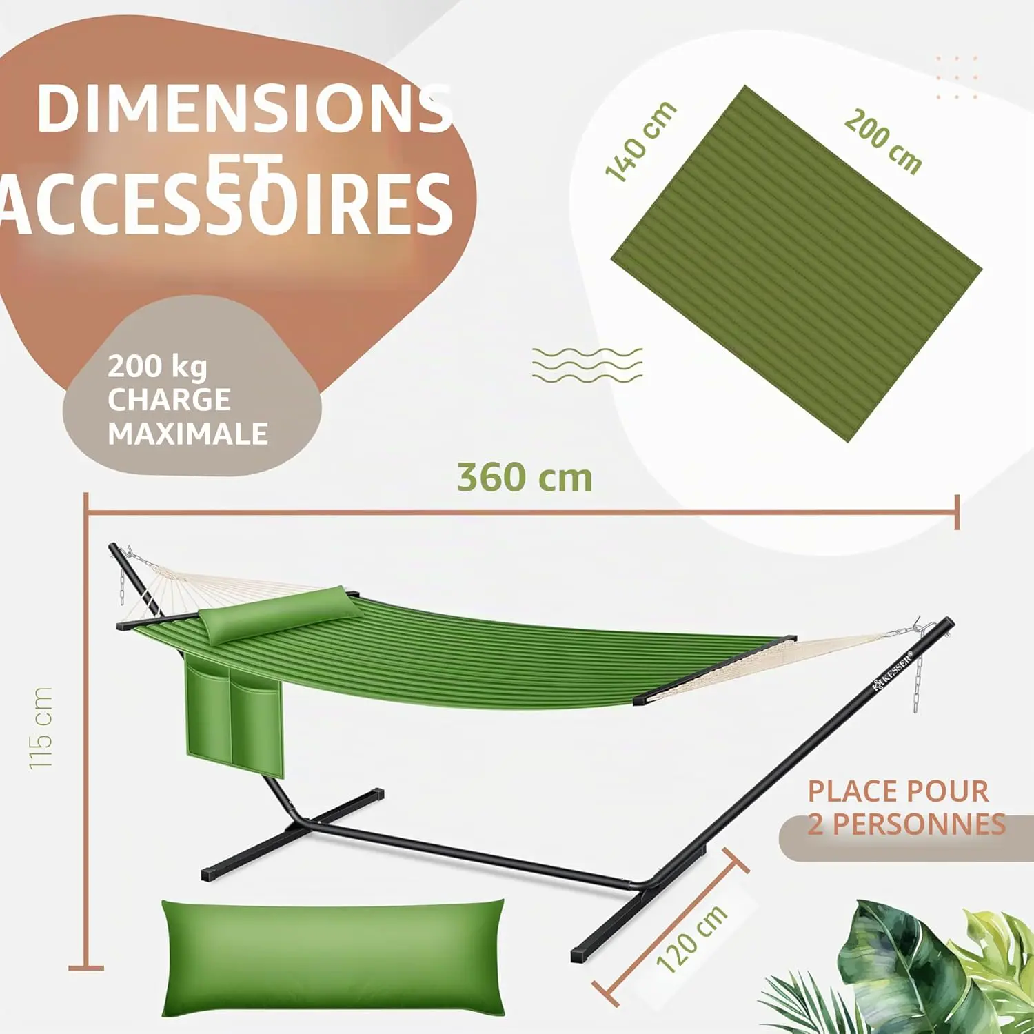 Fauteuils suspendus 2 places en métal kaki vue 7