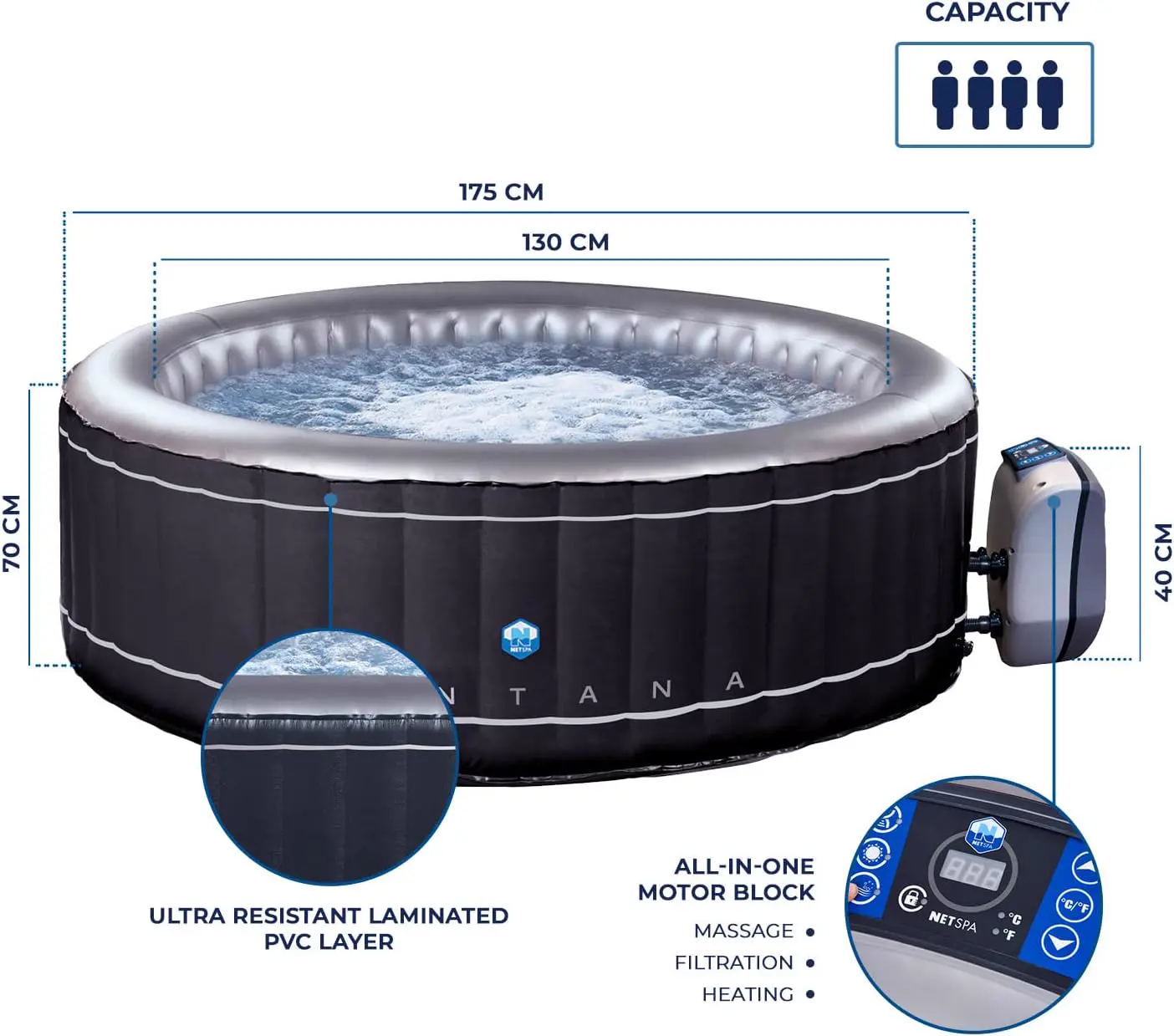 Spa gonflable 4 personnes 4 places en aluminium noir vue 2