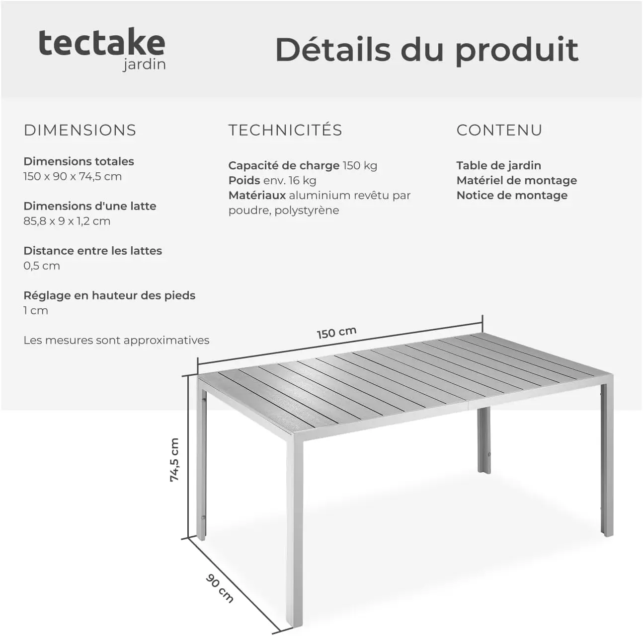 Table de jardin 4 places en aluminium gris vue 3