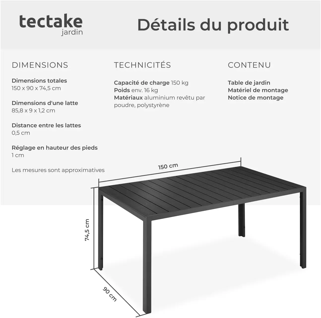 Table de jardin 6 places en aluminium vue 3