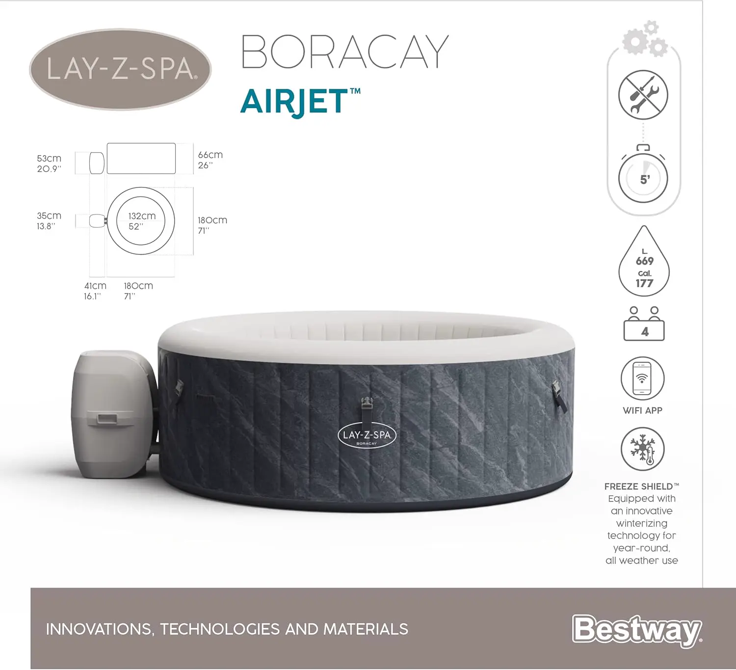 Spa gonflable 4 personnes 71" x 26"/1.80m x 66cm Boracay AirJet vue 33