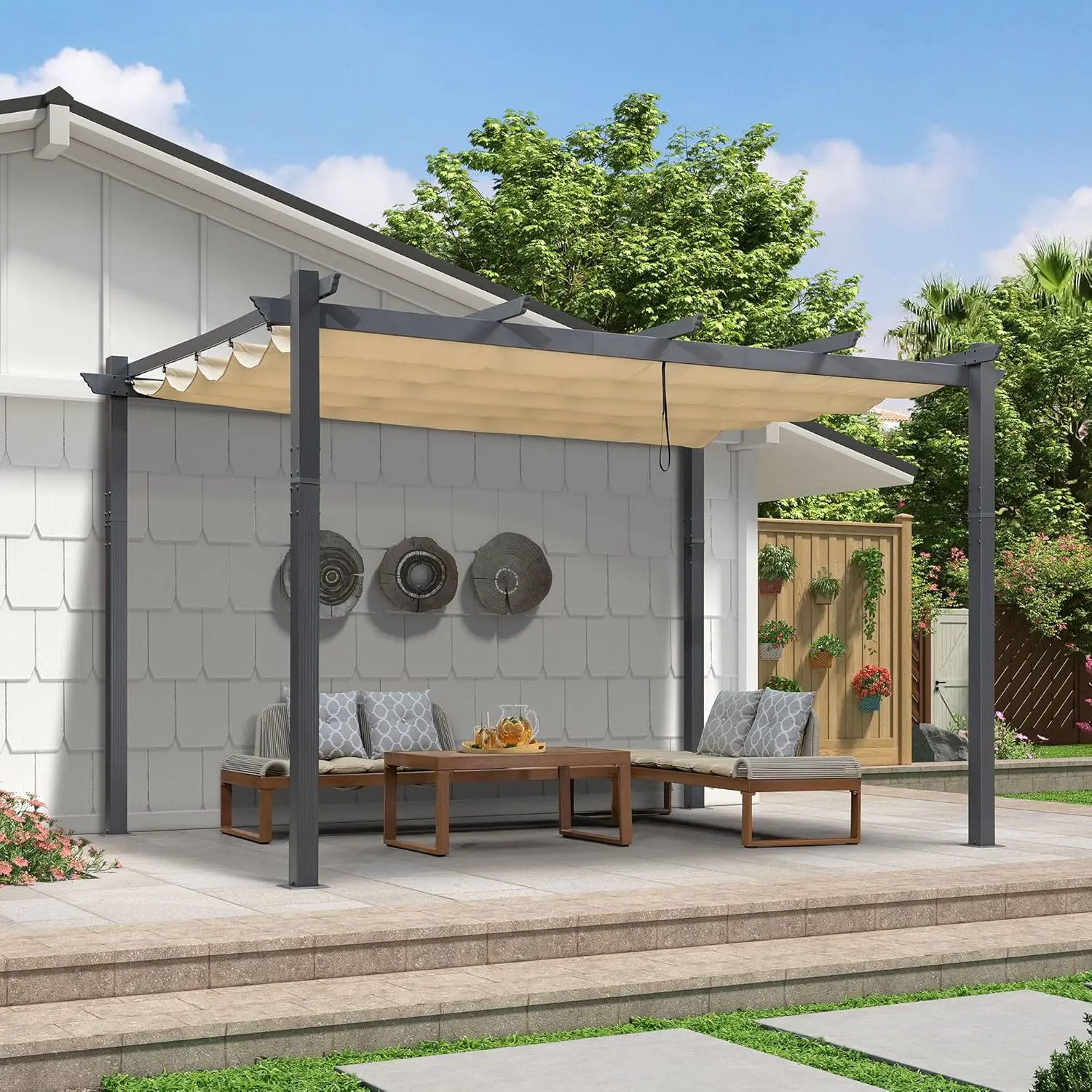 PURPLE LEAF Pergola Aluminium 3,65 x 3 m Tissu Teint en Fil