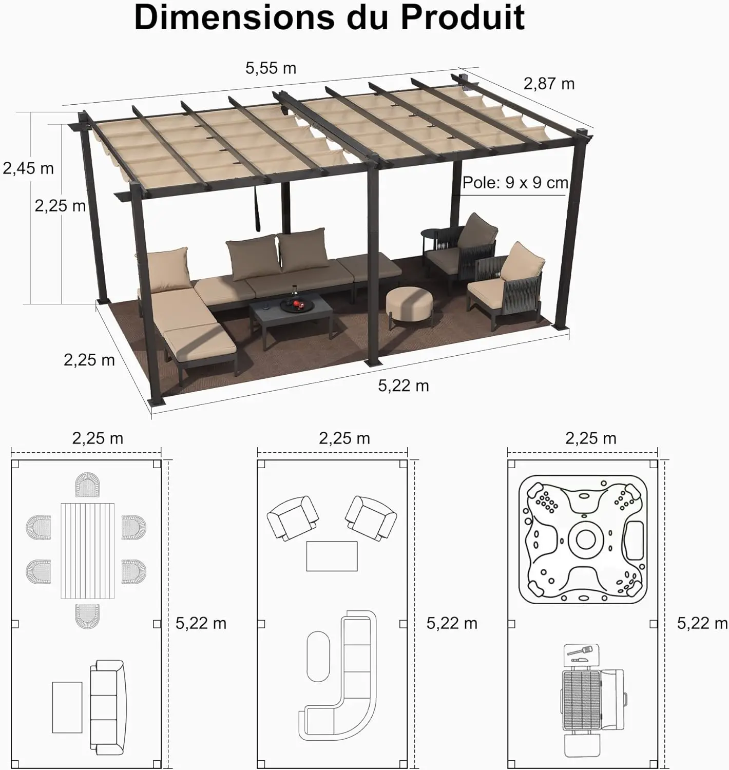 Pergola en aluminium kaki 5,5x3 m vue 6