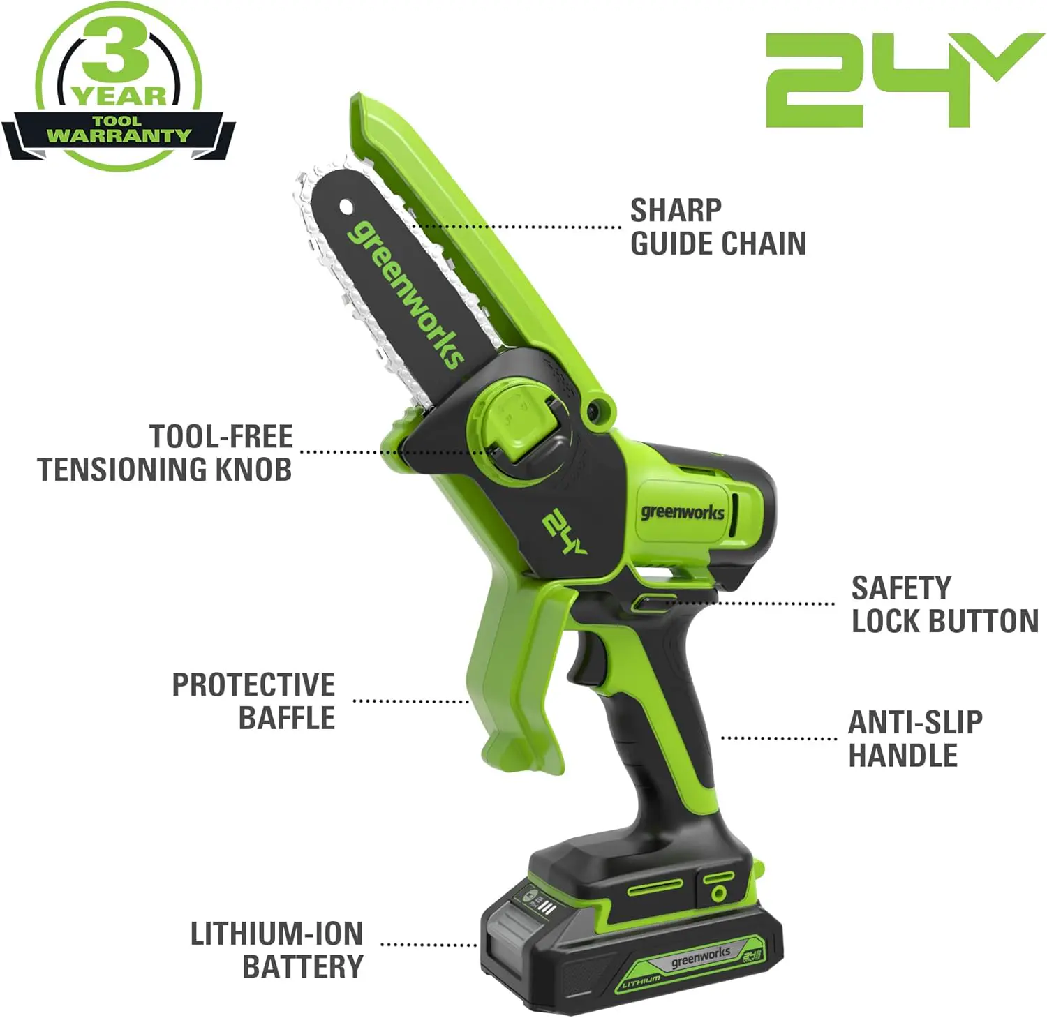 Tronçonneuse à batterie Greenworks 24V Mini Tronçonneuse 10cm… vue 2
