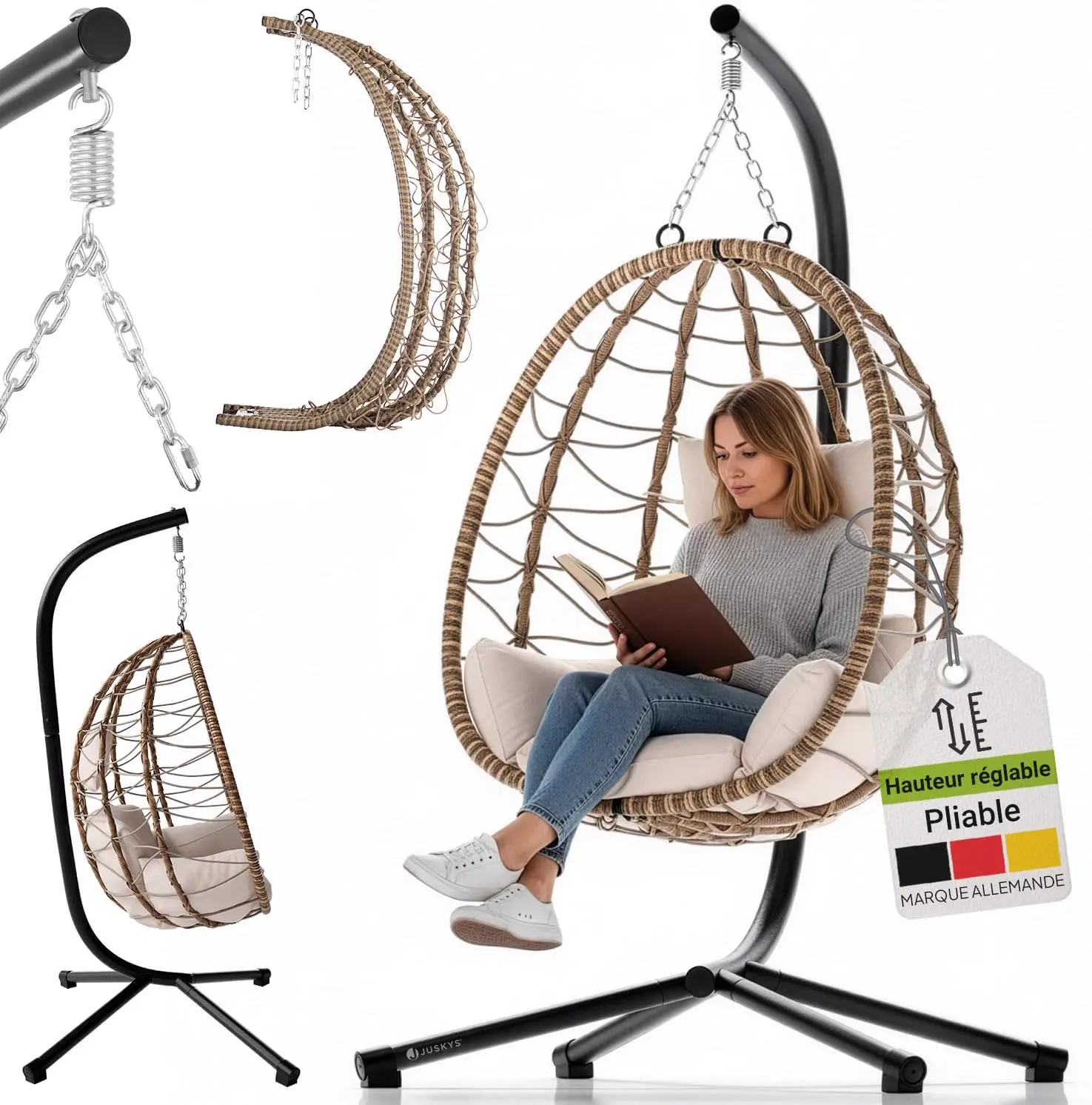 Fauteuils suspendus en rotin beige vue 1