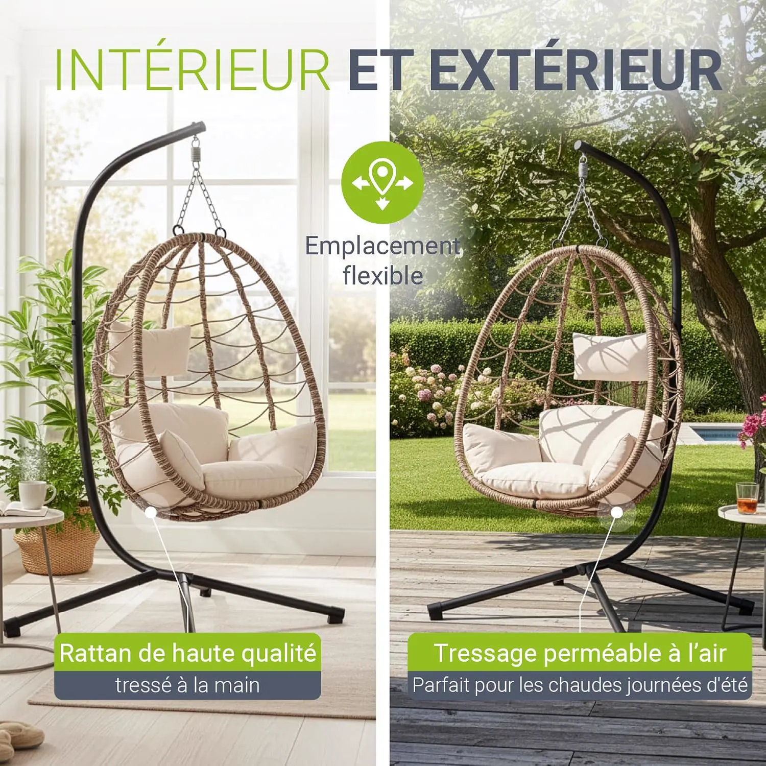 Fauteuils suspendus en rotin beige vue 6