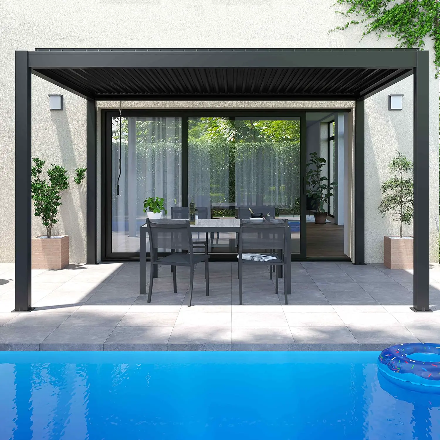 Pergola gris 3x4 m autoportée 3 stores vue 5