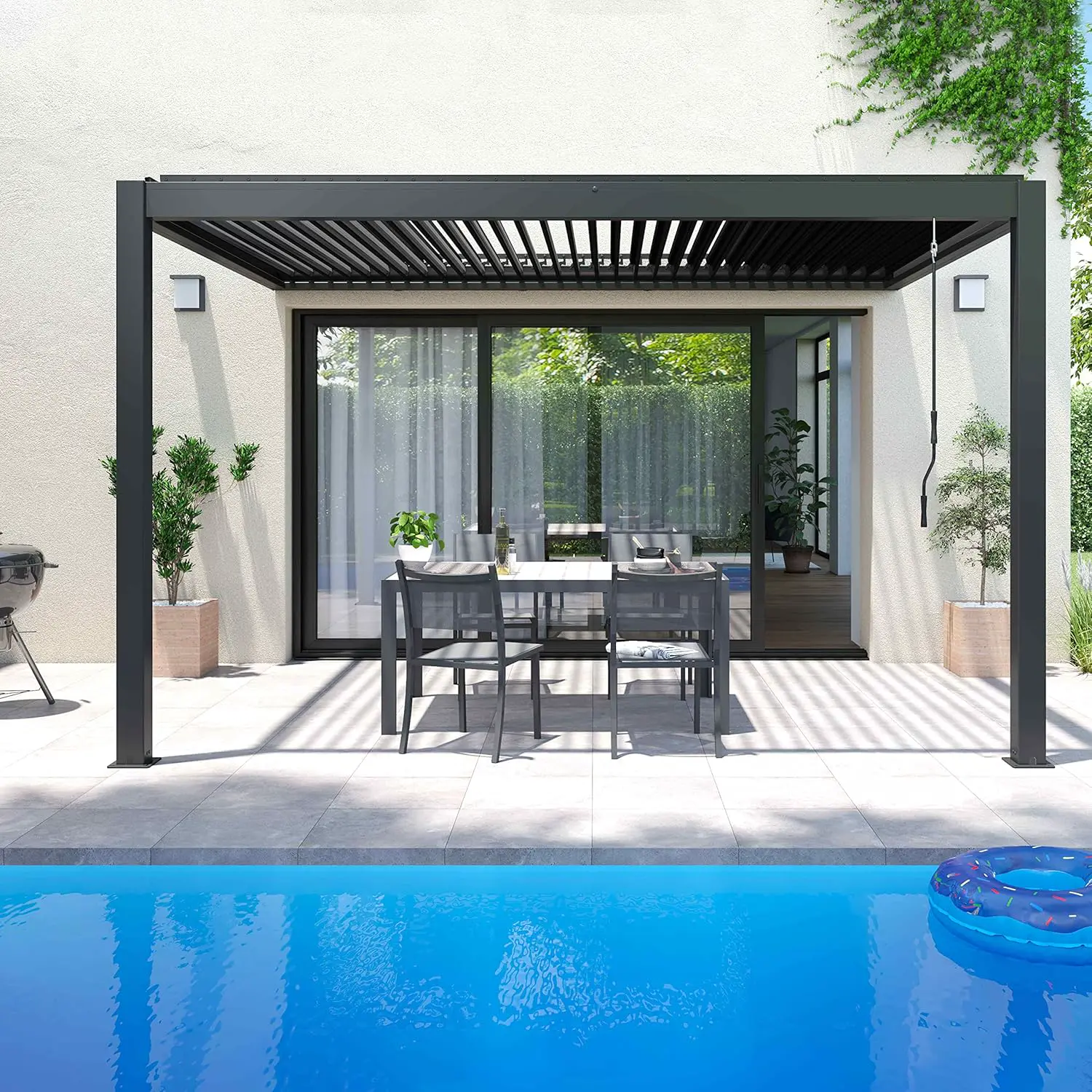 Pergola en aluminium 3x4 m adossée 1 store vue 2