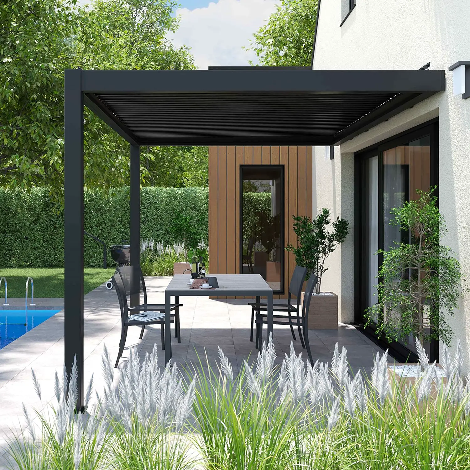 Pergola en aluminium 3x4 m adossée 1 store vue 3