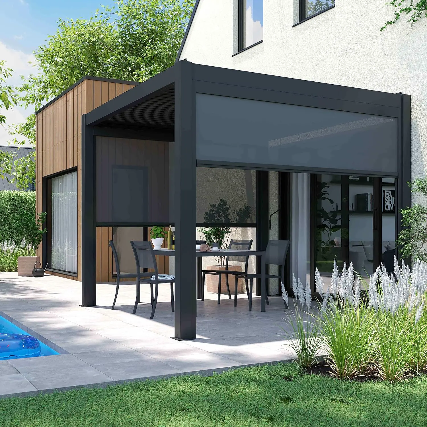 Pergola en aluminium gris 3x3 m autoportée 2 stores vue 6