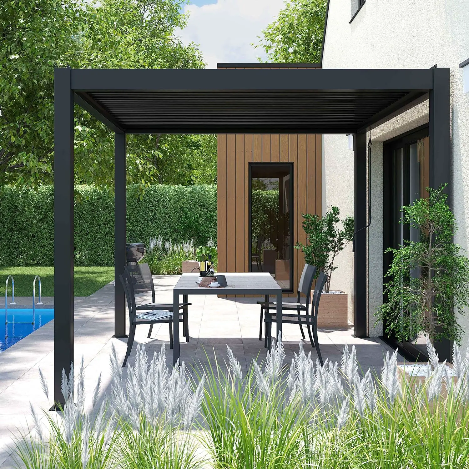 Pergola en aluminium gris 3x3 m autoportée 2 stores vue 4