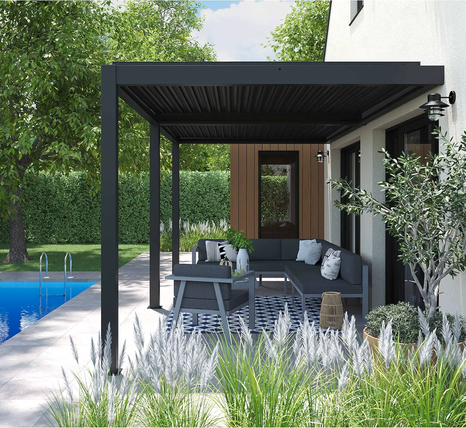Pergola en aluminium 3x6 m adossée 2 stores vue 2