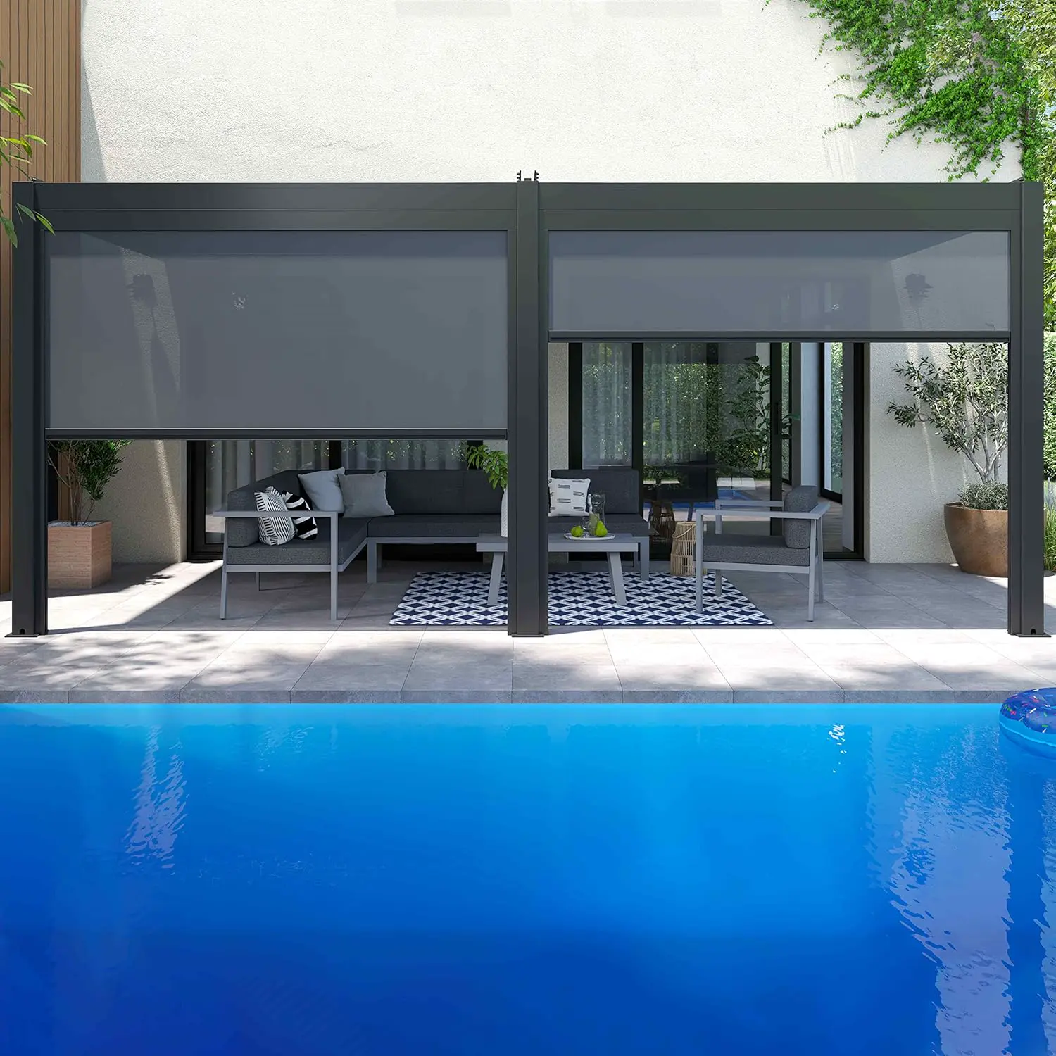 Pergola en aluminium 3x6 m adossée 4 stores vue 3