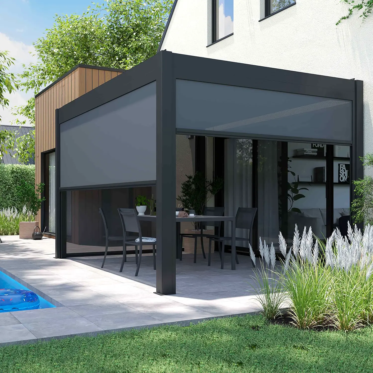 Pergola en aluminium gris 3x4 m autoportée 2 stores vue 2