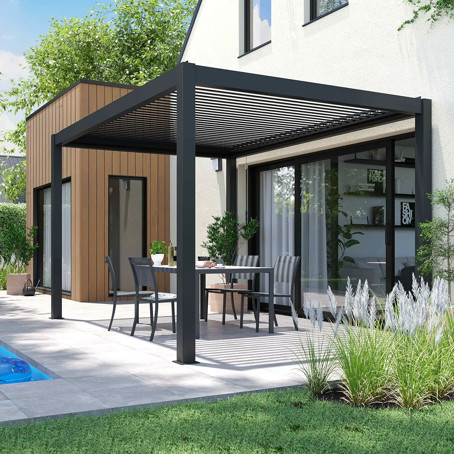 Pergola bioclimatique 3x4m autoportée avec 2 stores 2,66 X 2,34 m gris