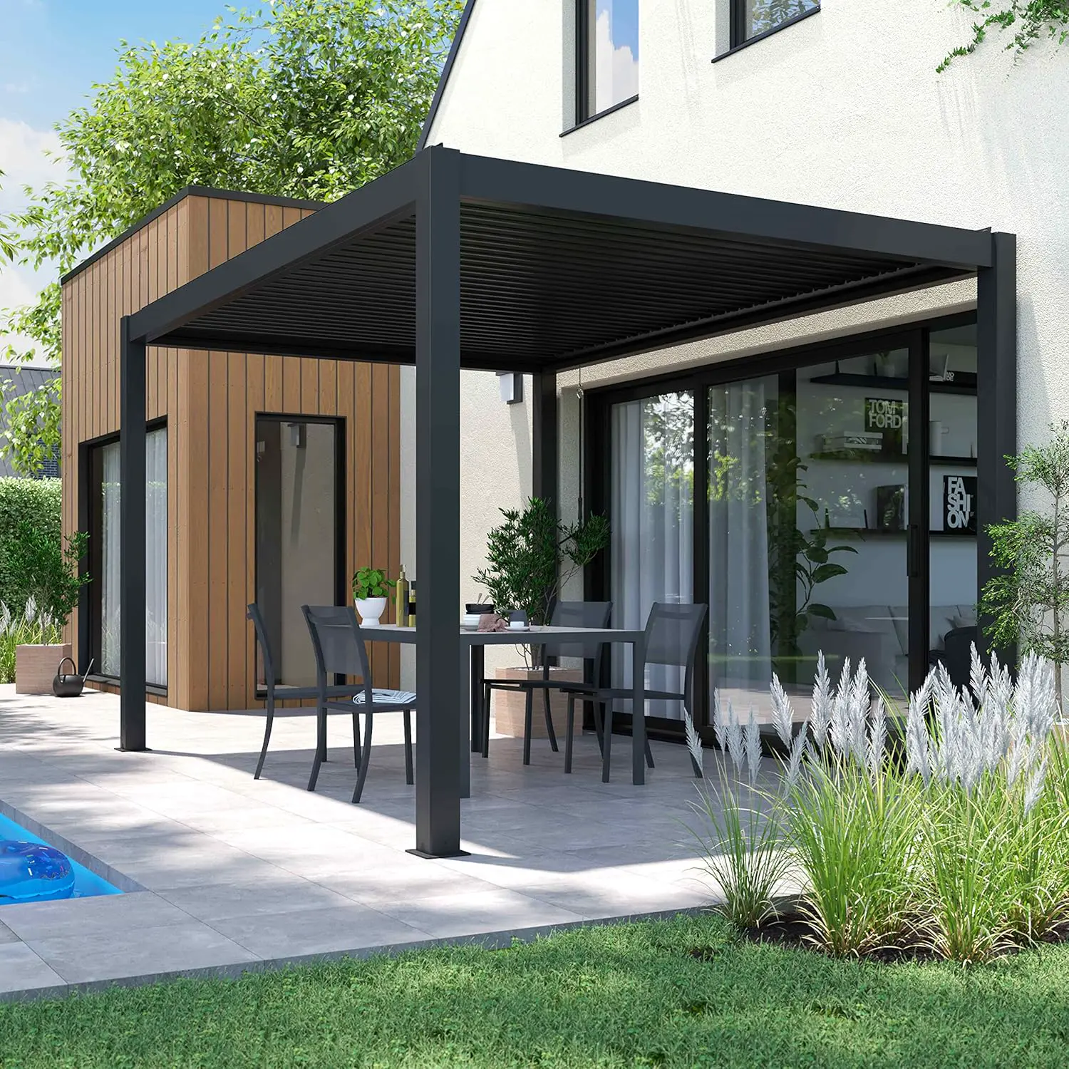 Pergola en aluminium gris 3x4 m autoportée 2 stores vue 3