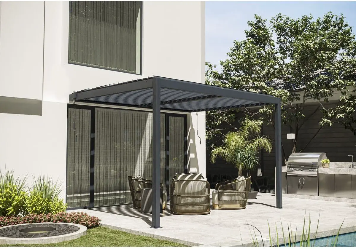 Pergola bioclimatique adossée avec LED Windsor - 3 x 4 m - Anthracite
