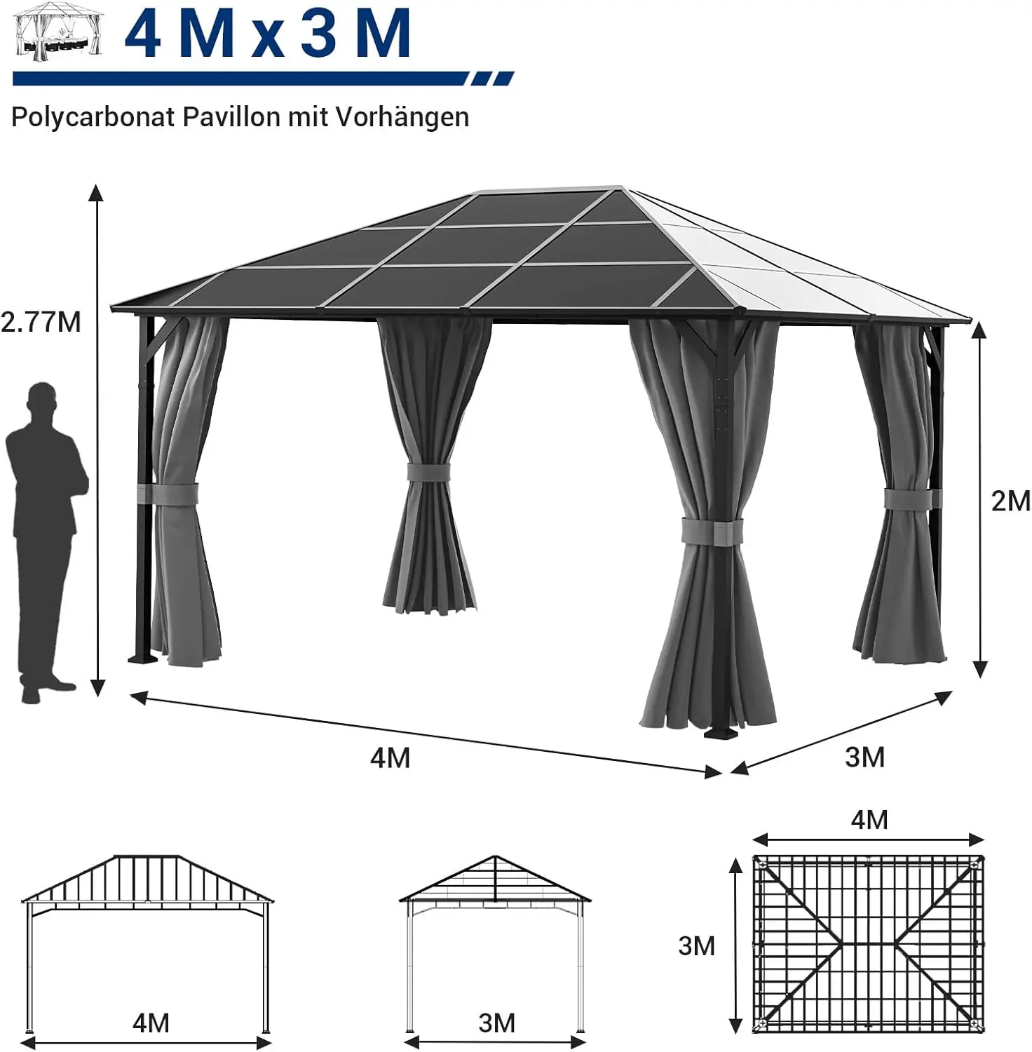 Pergola en métal gris 3x4 m vue 5