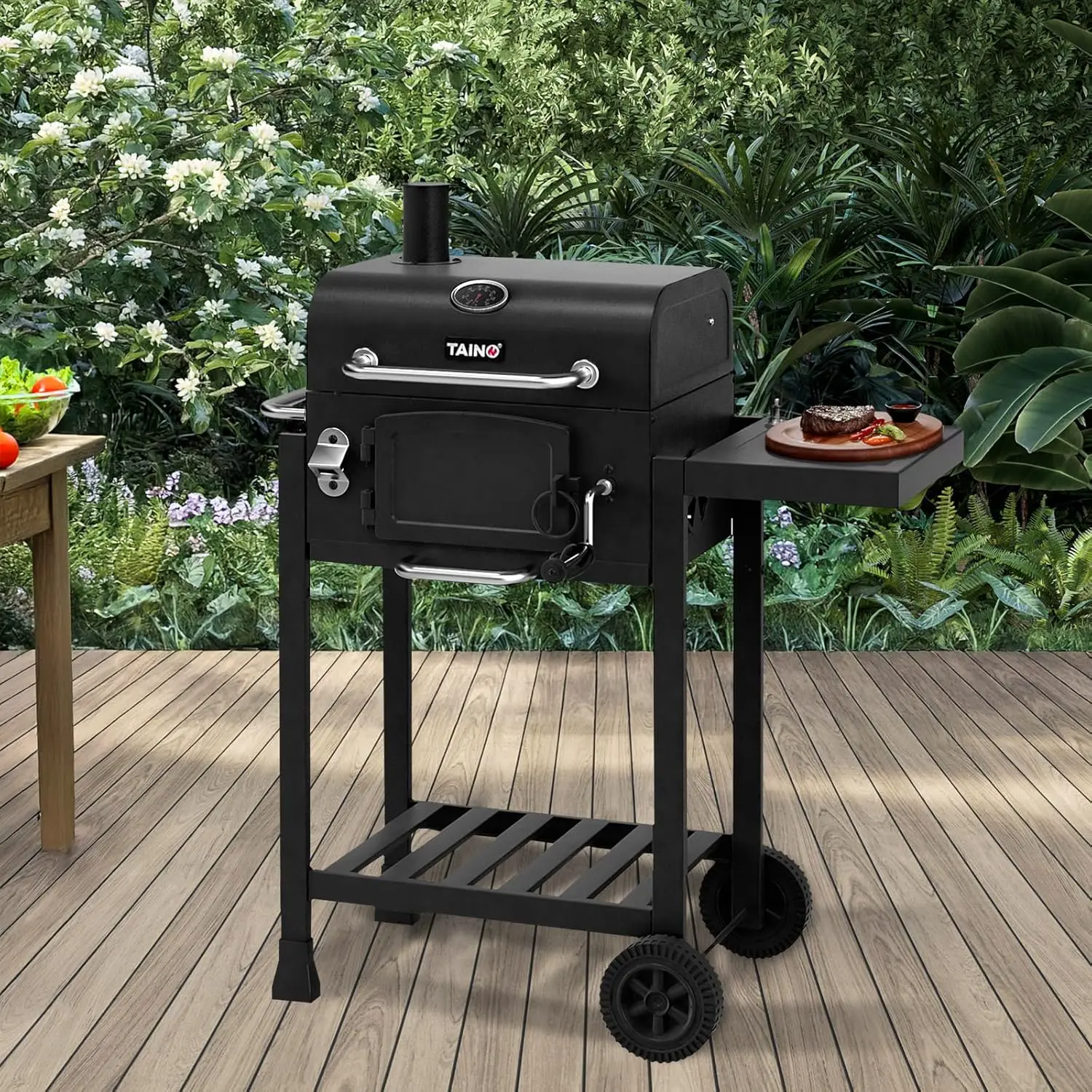 Barbecue à charbon en bois gris vue 2