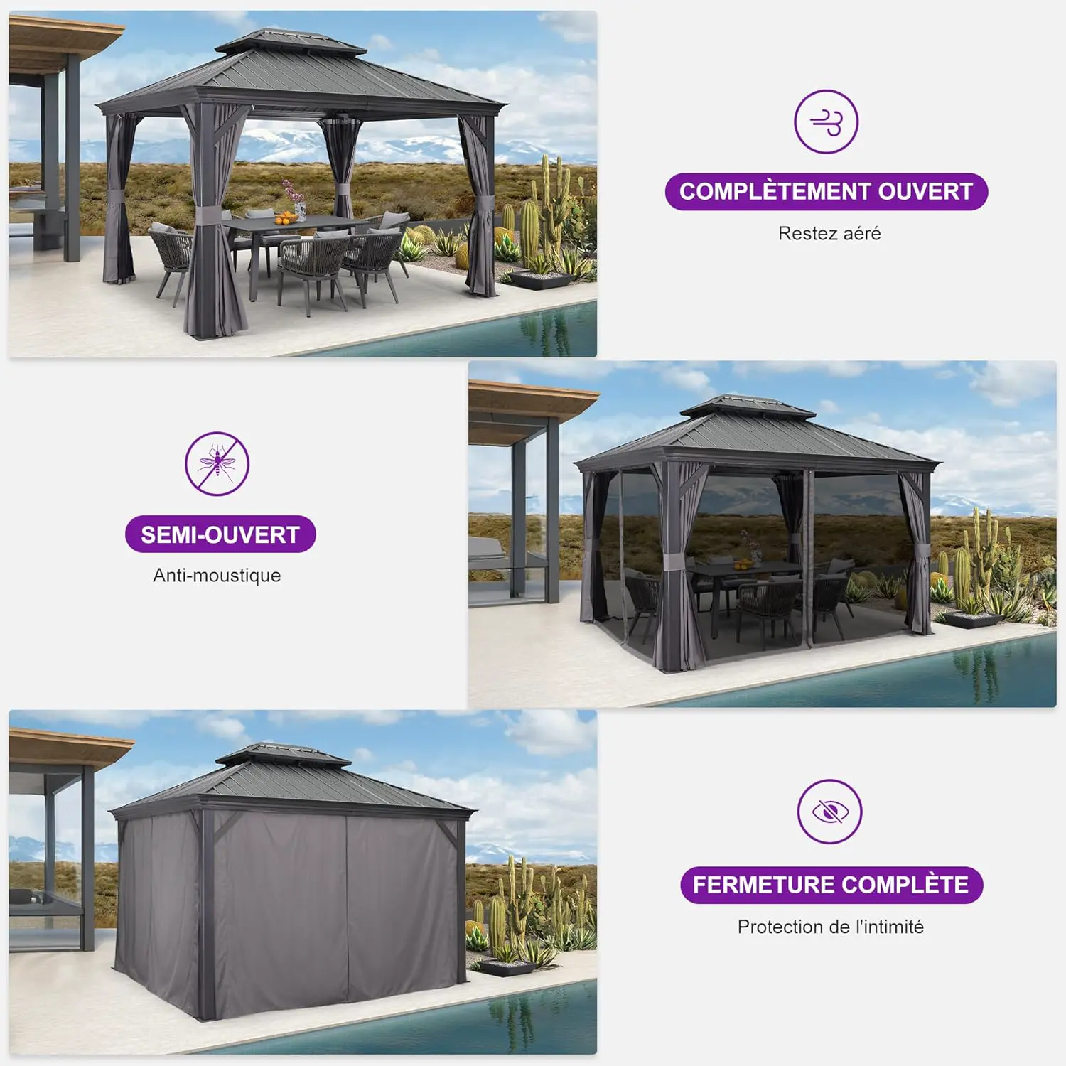 Pergola en aluminium gris 4x3 m vue 3