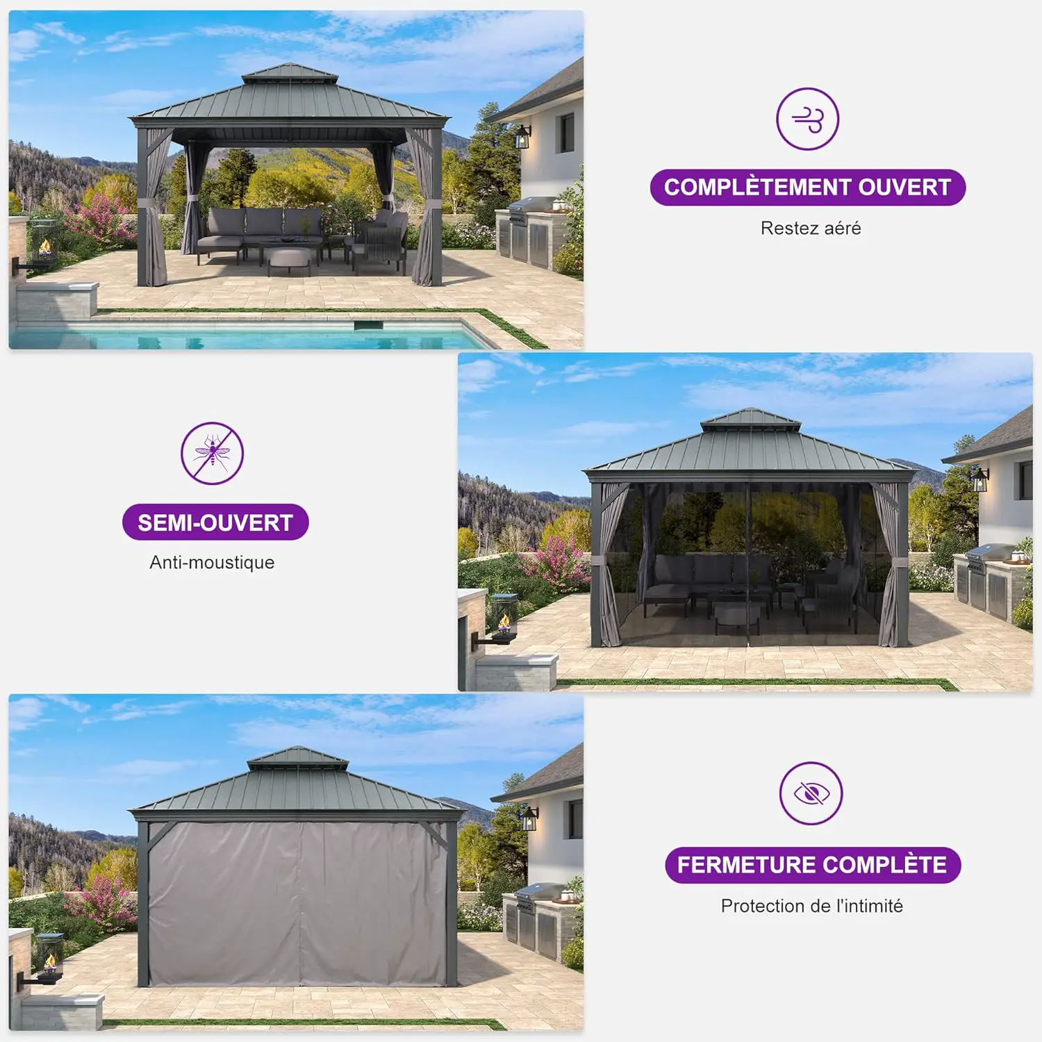 Pergola en aluminium gris 4x4 m vue 3