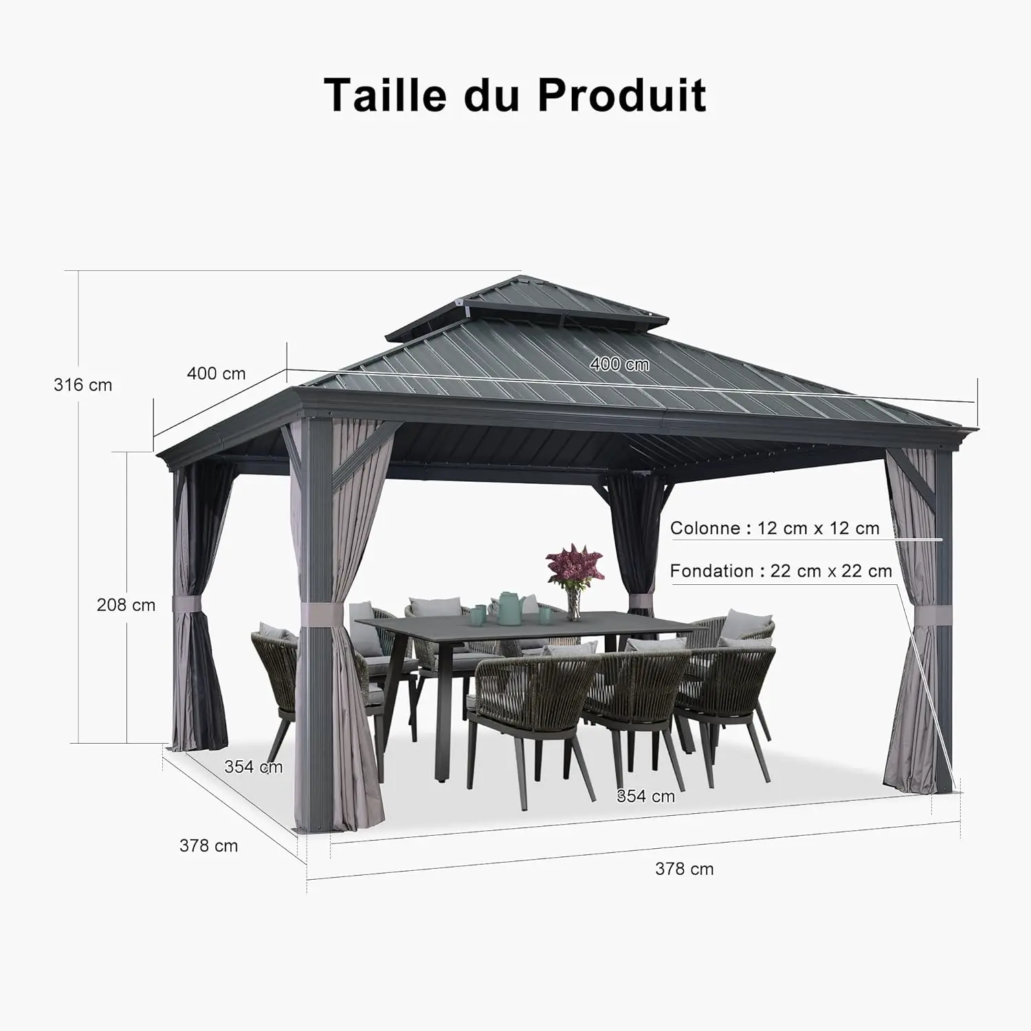 Pergola en aluminium gris 4x4 m vue 4