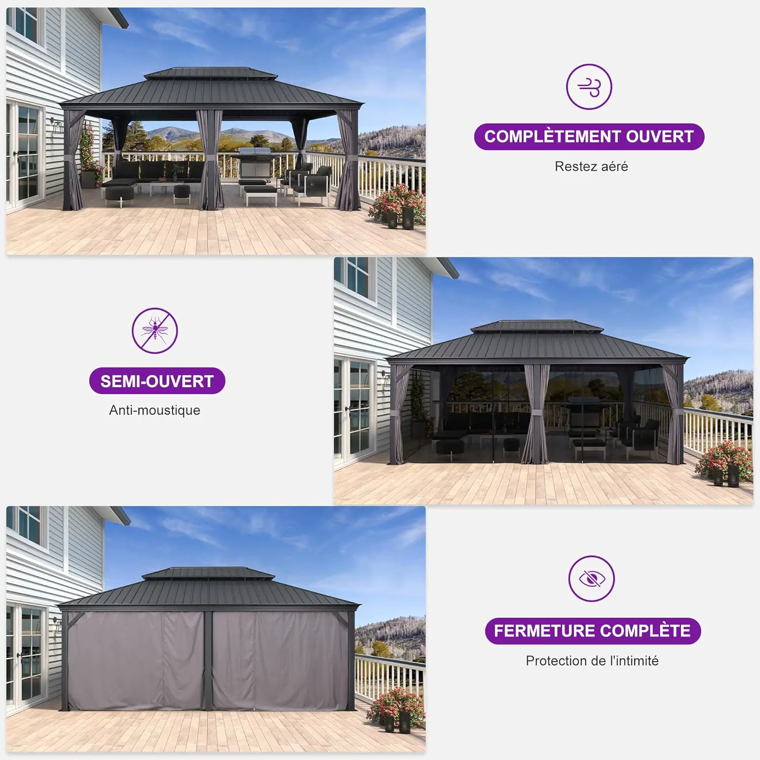 Pergola en aluminium gris 6x4,25 m vue 3