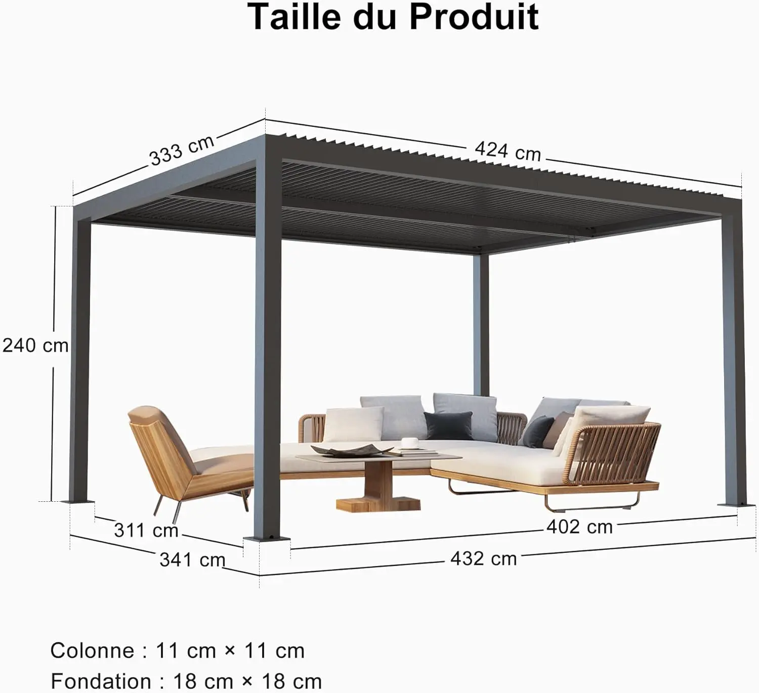 Pergola en aluminium gris 4,24x3,3 m vue 3