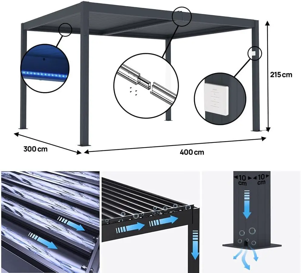 Pergola en aluminium gris 3x4 m motorisée vue 4