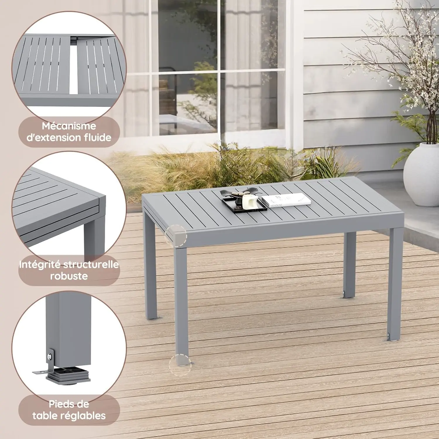 Table de jardin 8 places en aluminium gris vue 6