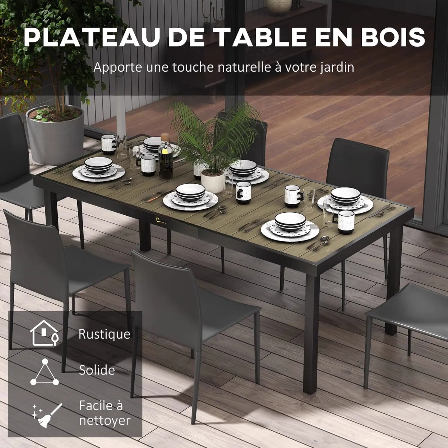 Table de jardin 8 places en aluminium marron vue 4