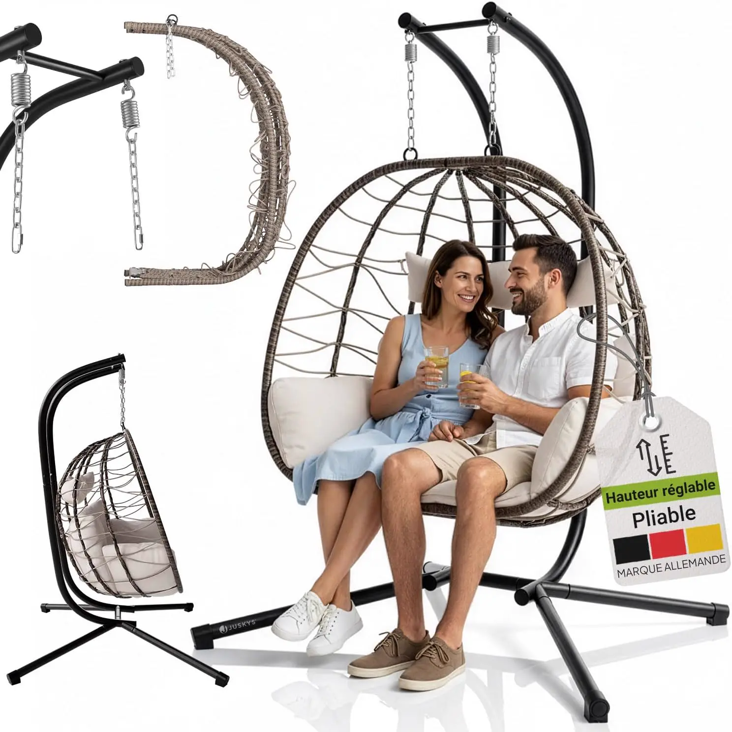 Fauteuils suspendus 2 places en rotin beige vue 1