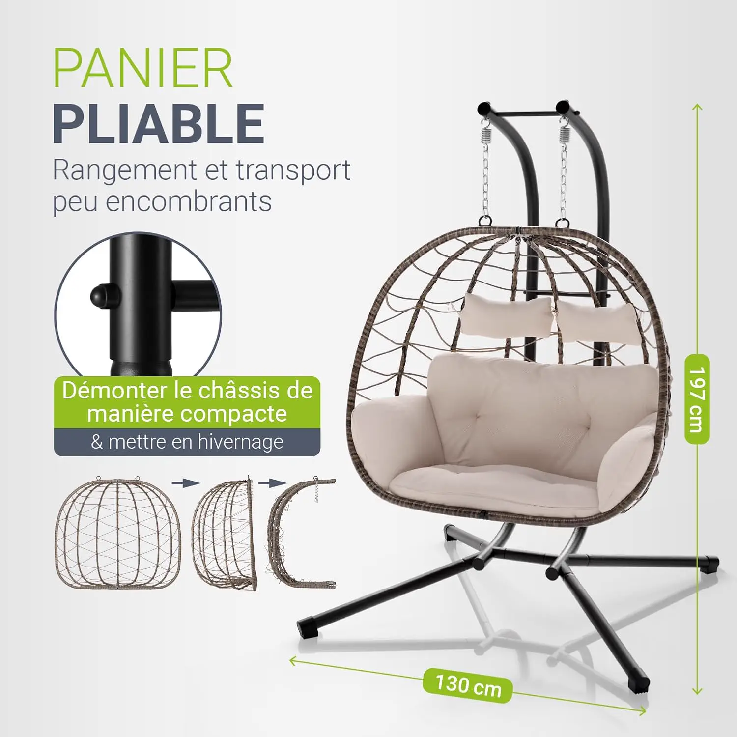 Fauteuils suspendus 2 places en rotin beige vue 4