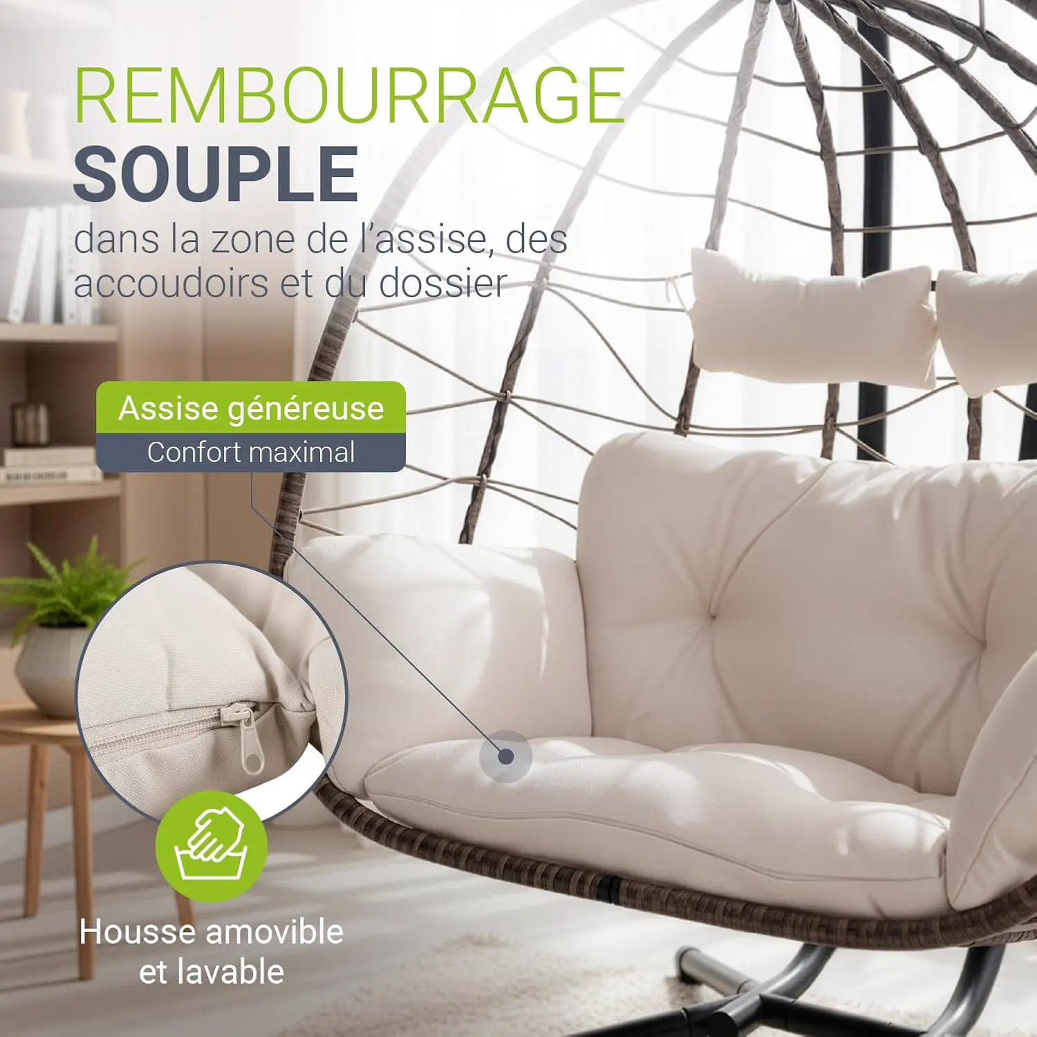 Fauteuils suspendus 2 places en rotin beige vue 5