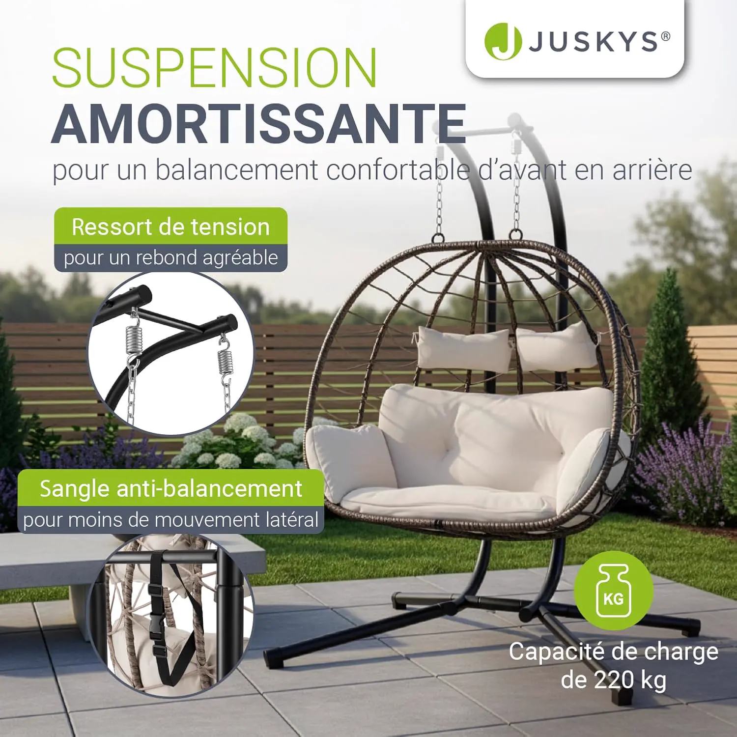 Fauteuils suspendus 2 places en rotin beige vue 6