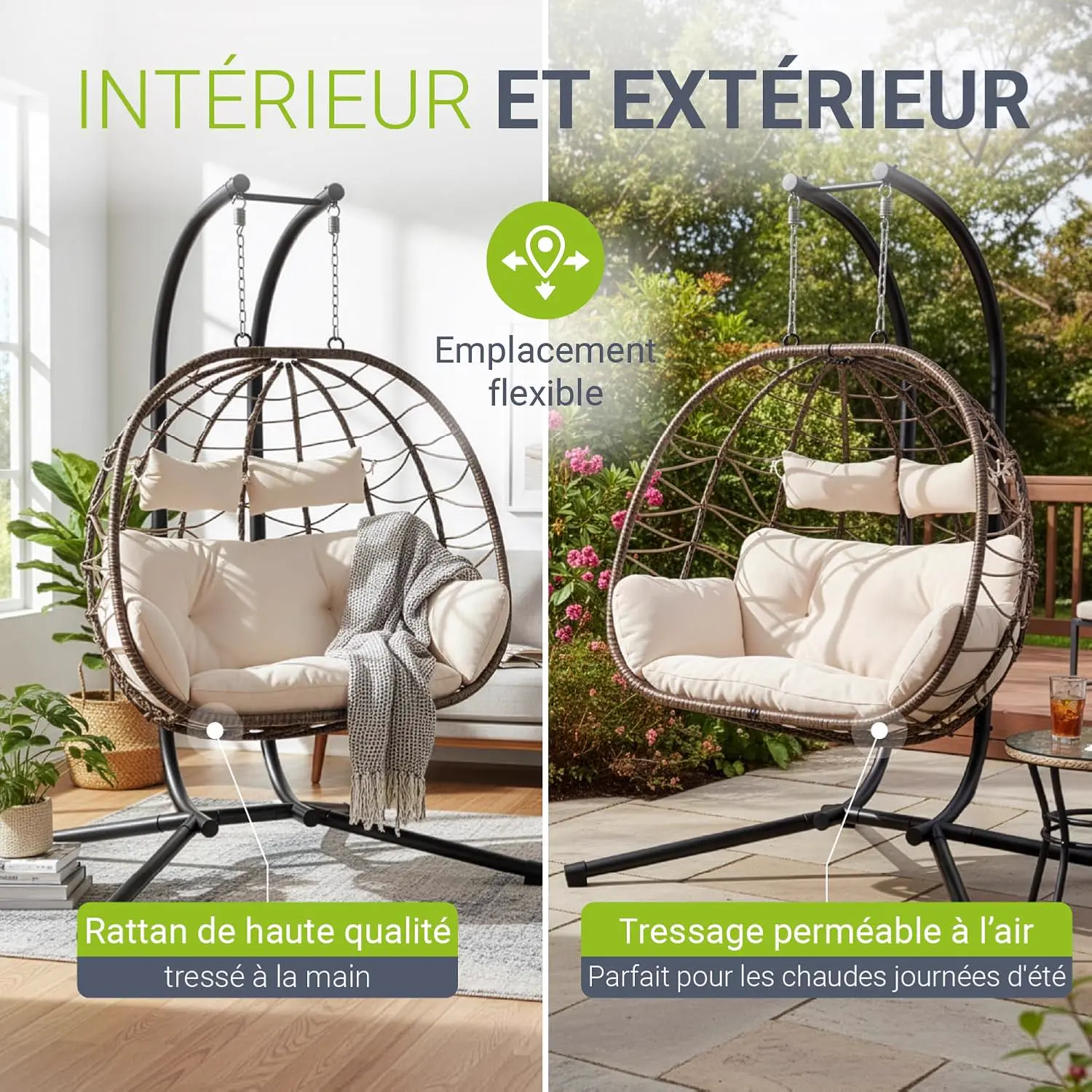 Fauteuils suspendus 2 places en rotin beige vue 7