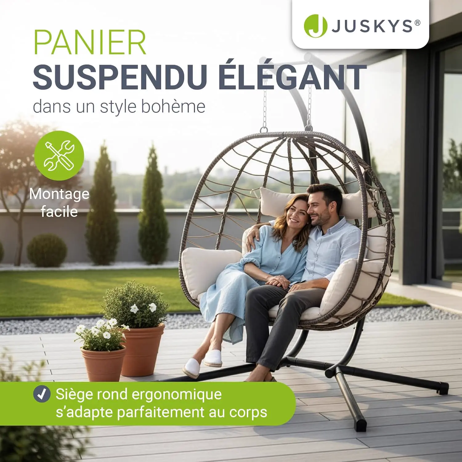 Fauteuils suspendus 2 places en rotin beige vue 8