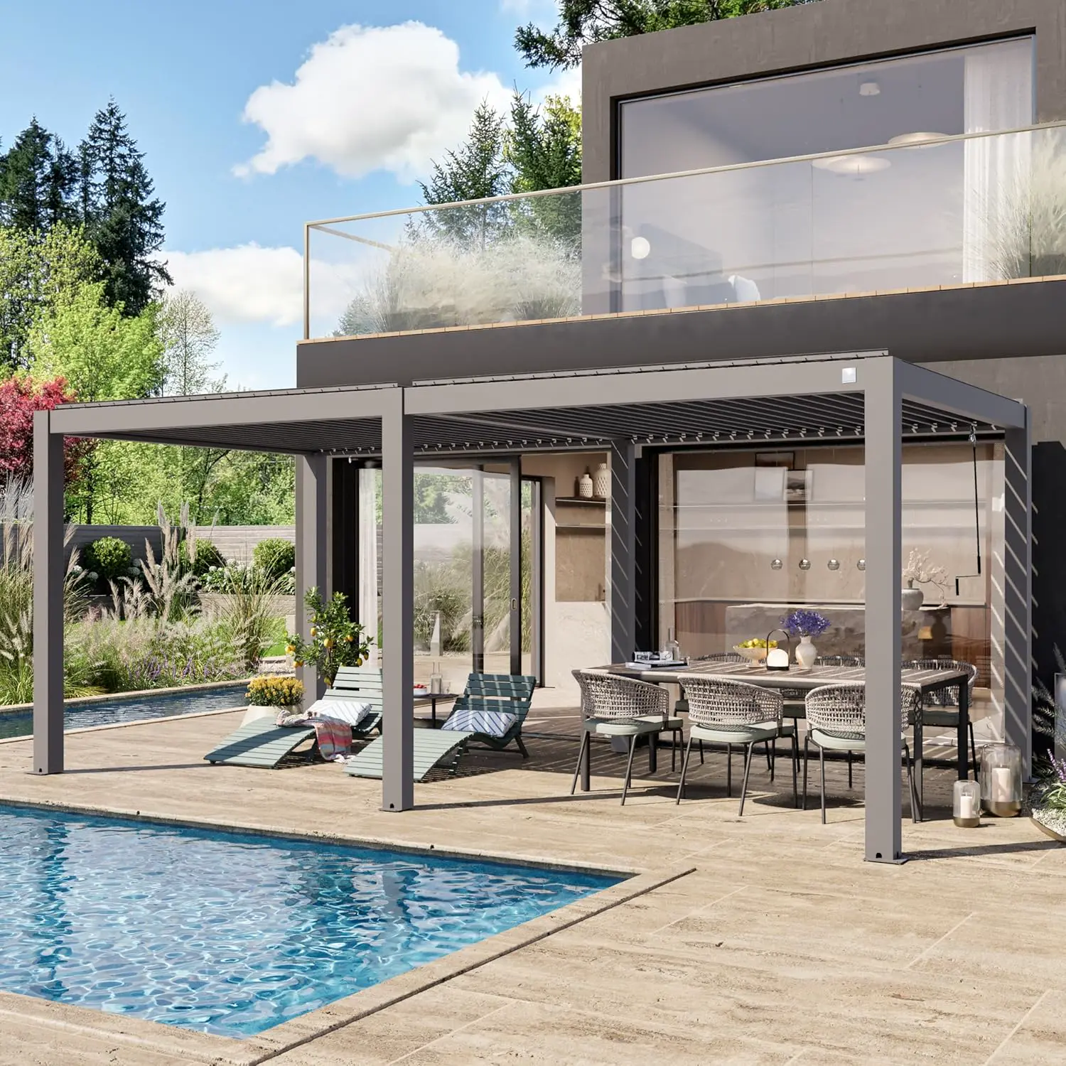 PRIMEYARD Pergola 3x6 m poteaux en Aluminium avec Lames orientables en Aluminium pavillon Gris