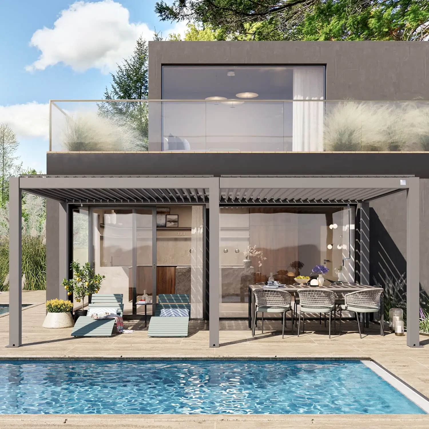 Pergola en aluminium gris 3x6 m vue 2