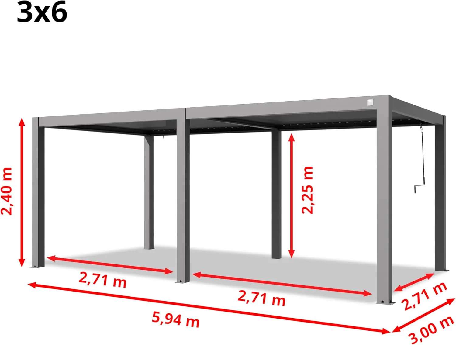 Pergola en aluminium gris 3x6 m vue 5