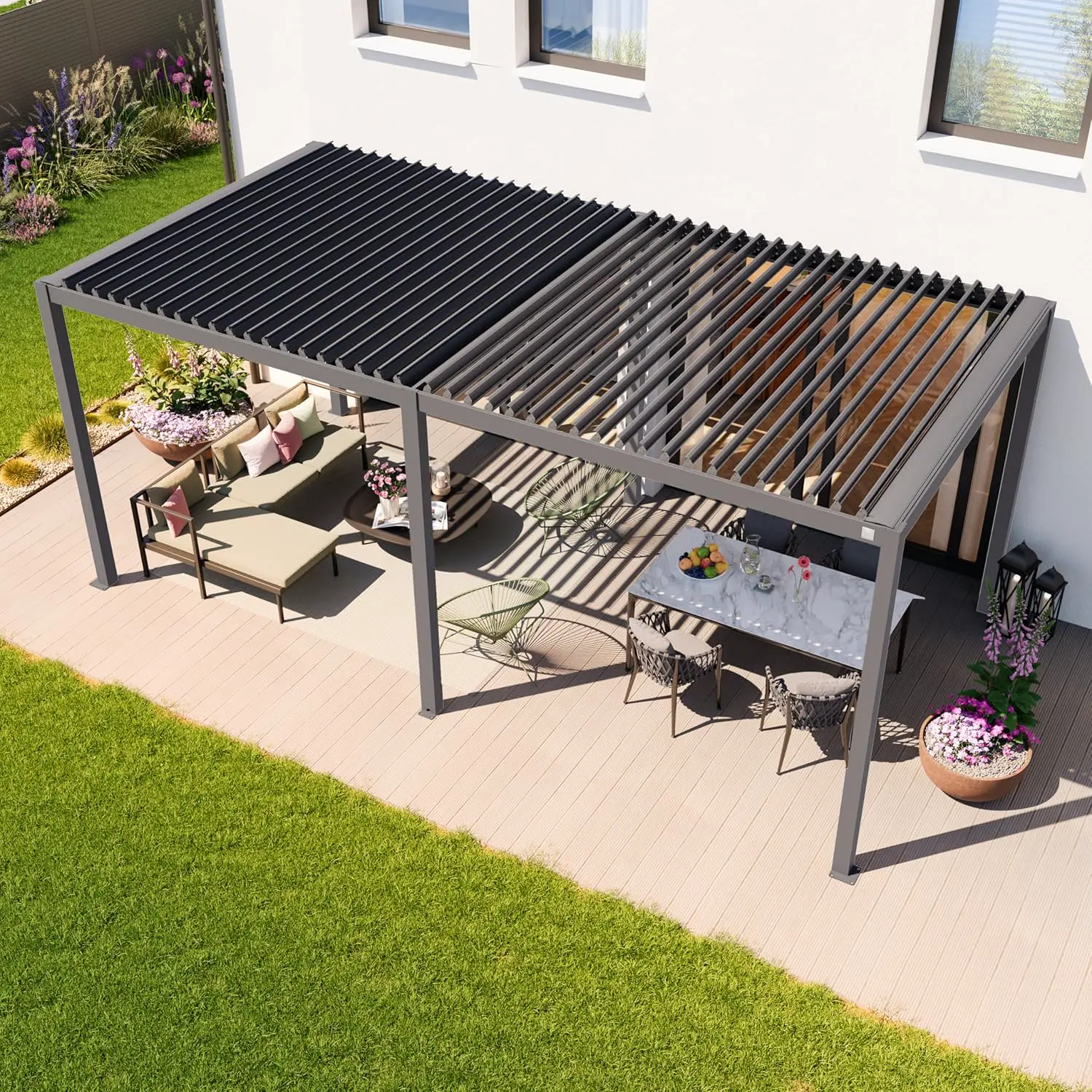 Pergola en aluminium gris 3x6 m vue 4