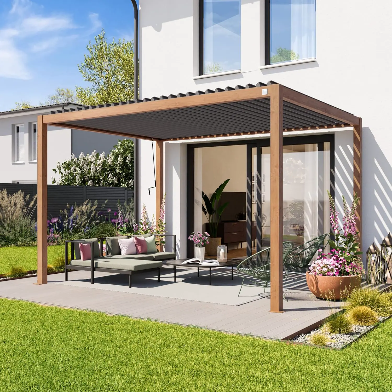PRIMEYARD Pergola 3x4 m poteaux Aspect Bois en Aluminium avec Lames